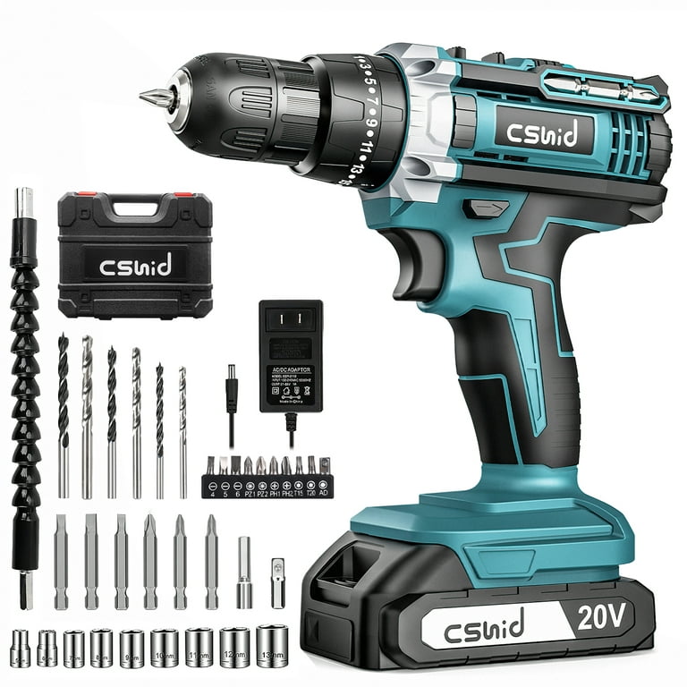 20V Cordless Power Drill Set, Drill Kit with 1 Lithium-Ion & Charger, 3/8  Keyless Chuck, Electric Drill W/ 2 Variable Speed & LED Light, 25+1  Position and 34pcs Drill/Driver Bits(Blue) 