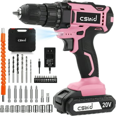 20V Cordless Power Drill Set, Drill Kit with 1 Lithium-Ion & Charger, 3/8" Keyless Chuck, Electric Drill W/ 2 Variable Speed & LED Light, 25+1 Position and 34pcs Drill/Driver Bits(Pink)