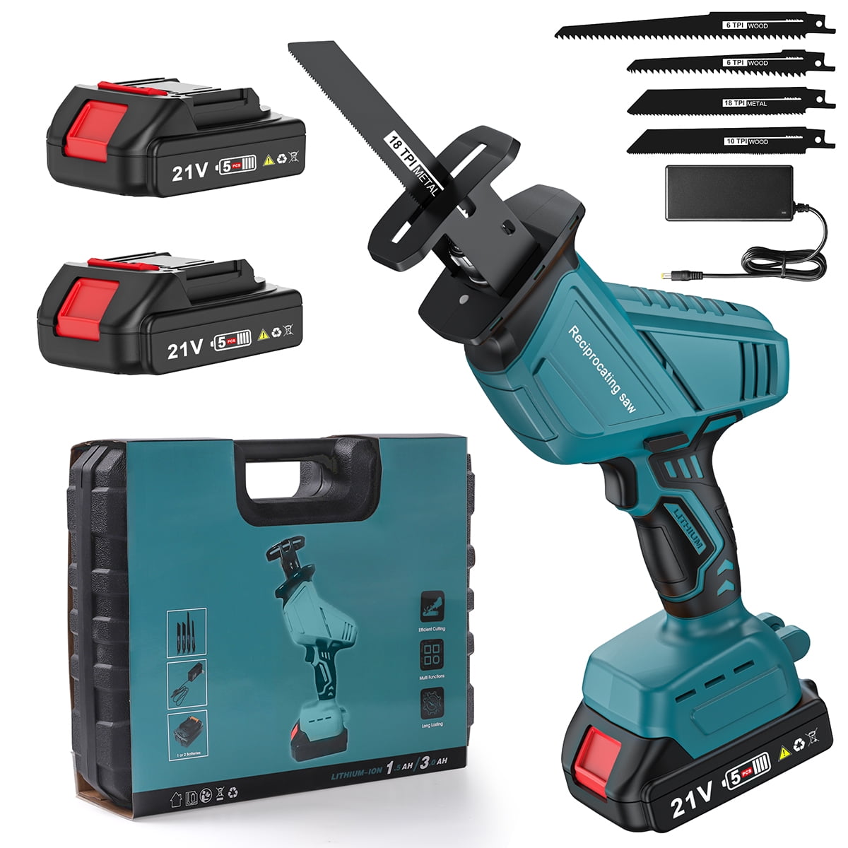 20V Cordless Reciprocating Saw 0 3000 SPM with 2 x 2.0Ah Battery Tool free Blade Change Led Light One handed Reciprocating Saws with 4 Saw Blades