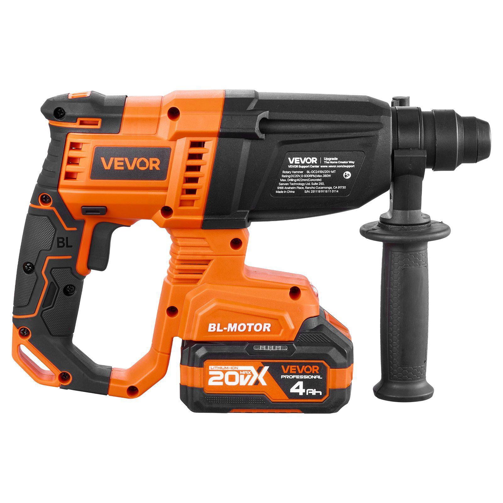 20V Cordless Rotary Hammer Drill 7/8 Inch SDS Plus Brushless with Battery Charger 3 Drill Bits Flat Pointed Chisel Carrying Case for Concrete