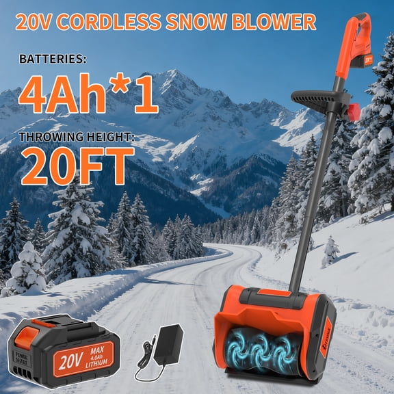 20V Cordless Snow Shovel, 12 Inch Clearing Width & 6 Inch Clearing Depth, 20ft Snow Throwing Distance with 4.0Ah Rechargeable Battery, Portable Snow Remover for Sidewalks, Steps & Small Driveways,
