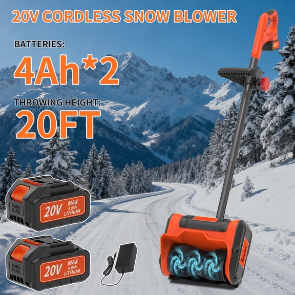 20V Cordless Snow Shovel, 12 Inch Clearing Width & 6 Inch Clearing Depth, 20ft Snow Throwing Distance with 4.0Ah Rechargeable Battery, Portable Snow Remover for Sidewalks, Steps & Small Driveways,