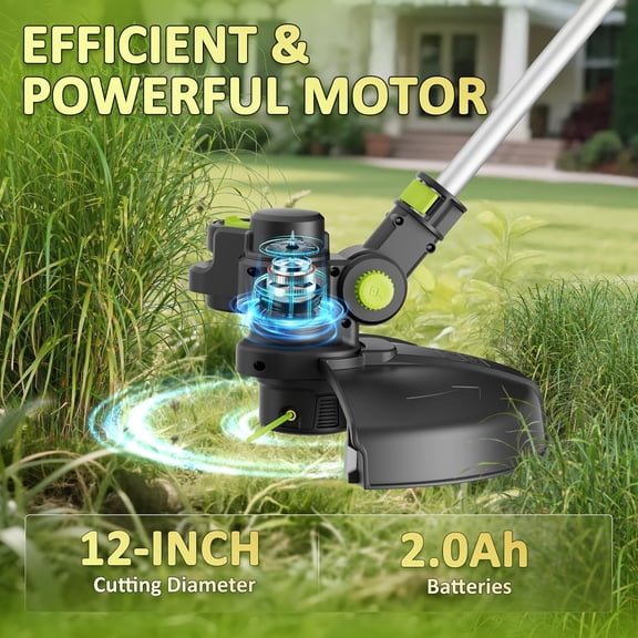 20V Cordless String Trimmer with 2.0Ah Battery, 12 Inch Grass Cutter Auto Line Feed 3-in-1 Lawn Mower Edger for Yard Garden