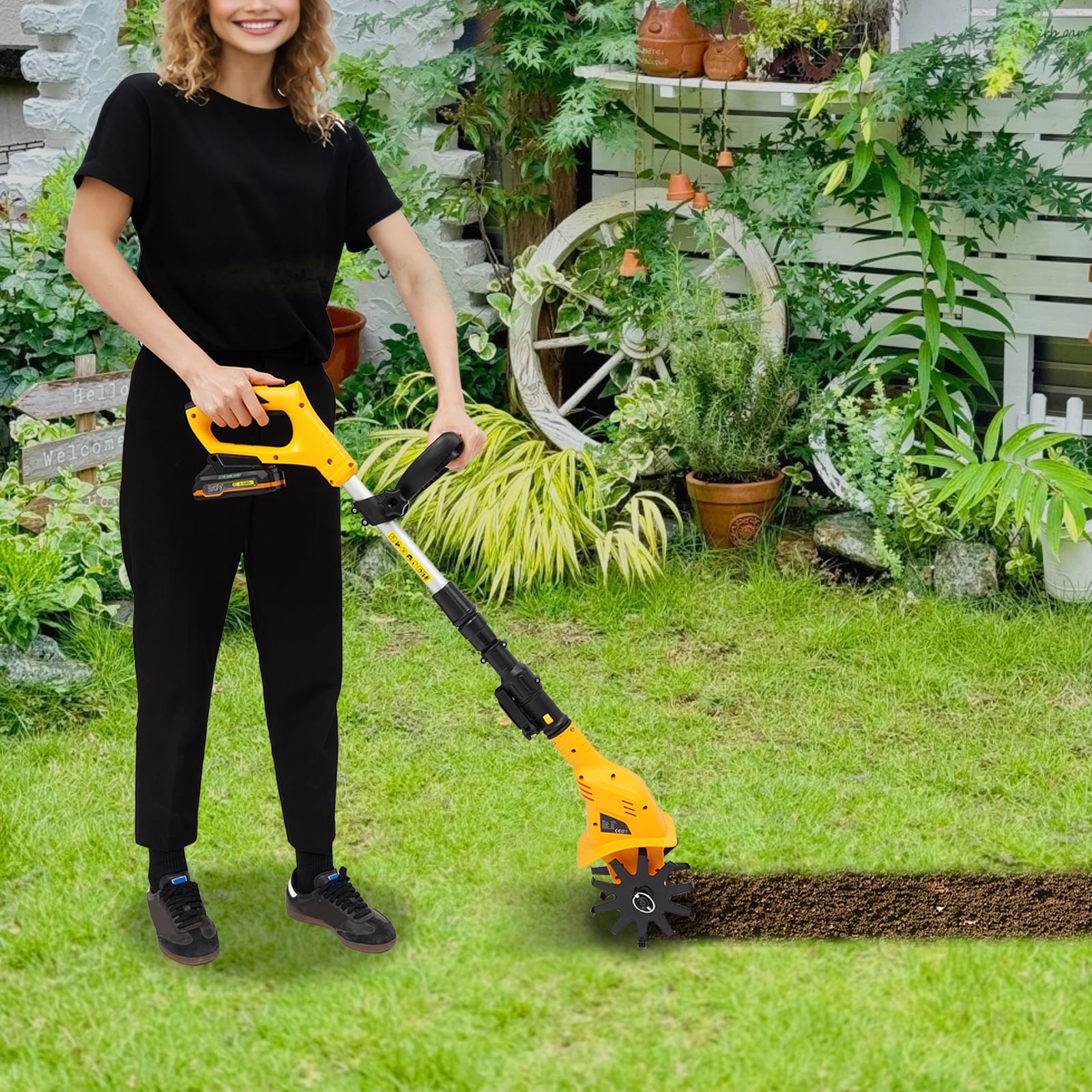 20V Cordless Tiller Cultivator, 250RPM Handheld Electric Garden Tilling Tool with Extendable Pole, Mini Portable Rechargeable Battery Powered Tiller Rototillers for Gardening Farm Soil Cultivation