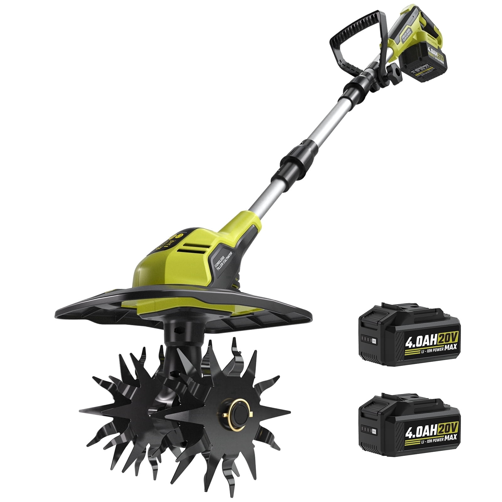 20V Cordless Tiller Cultivator, 360RPM Electric Garden Rototiller with (2) 4.0Ah Batteries and Fast Charger, 8.9" Tilling Width & 6.8" Depth, Portable Tiller for Garden, Lawn, and Soil Cultivation