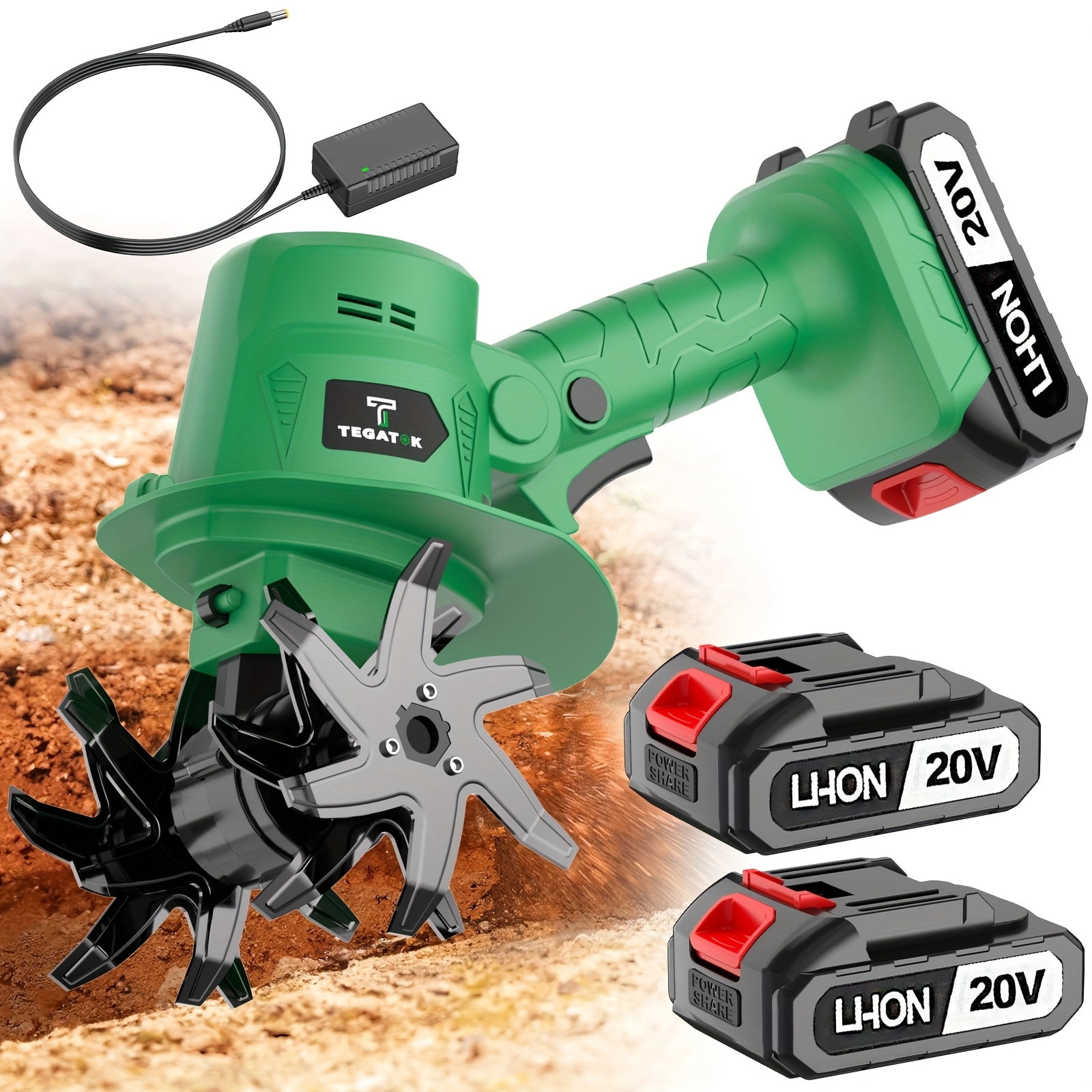 20V Cordless Tiller Cultivator, Electric Garden Tiller, Lightweight Handheld Tiller Cultivator, 9-inch Tilling Width & 6.6-inch Depth Rototiller, Equipped with 1 Or 2 Battery & Charger,