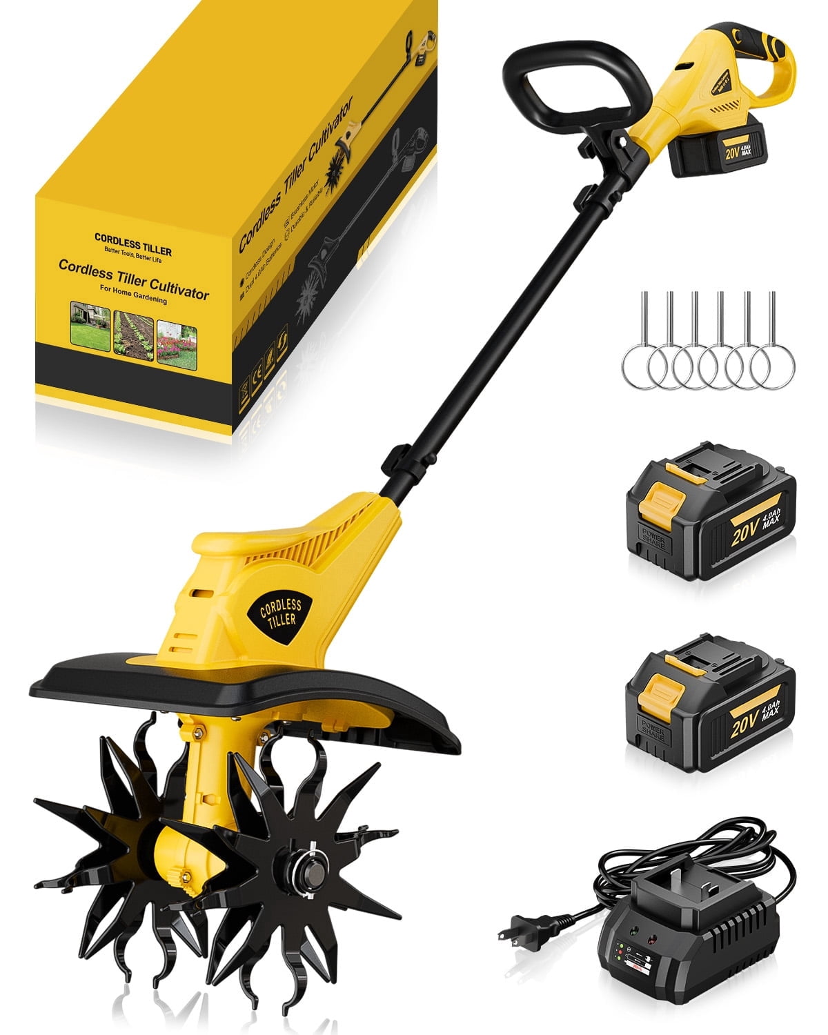 20V Cordless Tiller Cultivator with Dual 4.0Ah Batteries, Brushless Motor and Steel Tines for Garden Care