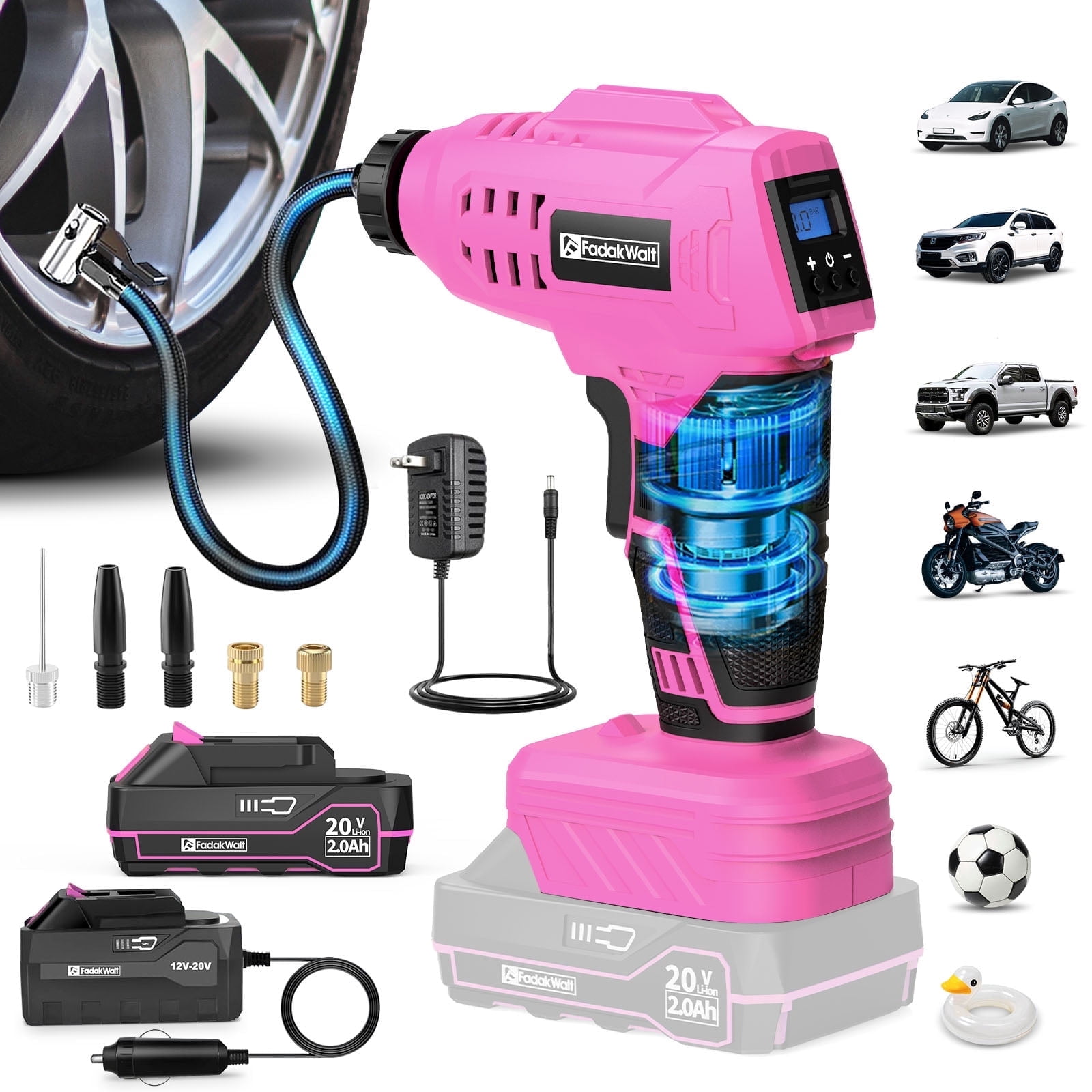 FADAKWALT Tire Inflator Portable Air Compressor, 20V Cordless Car Tire Pump, 160PSI Handheld Electric Air Pump with Rechargeable Battery, Auto Shutoff & Digital Gauge for Cars & Motorcycles(Red)