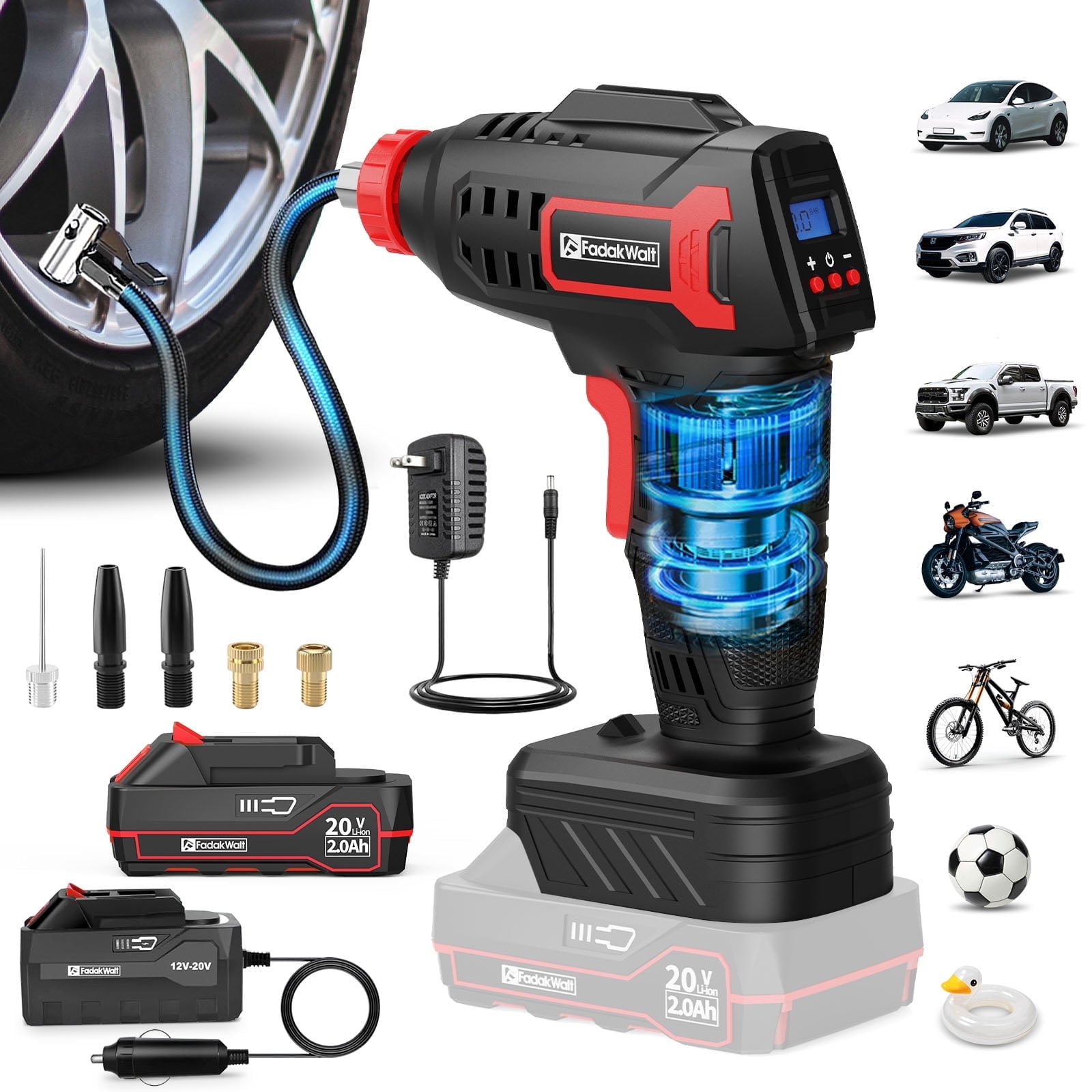 FADAKWALT Tire Inflator Portable Air Compressor, 20V Cordless Car Tire Pump, 160PSI Handheld Electric Air Pump with Rechargeable Battery, Auto Shutoff & Digital Gauge for Cars & Motorcycles(Red)