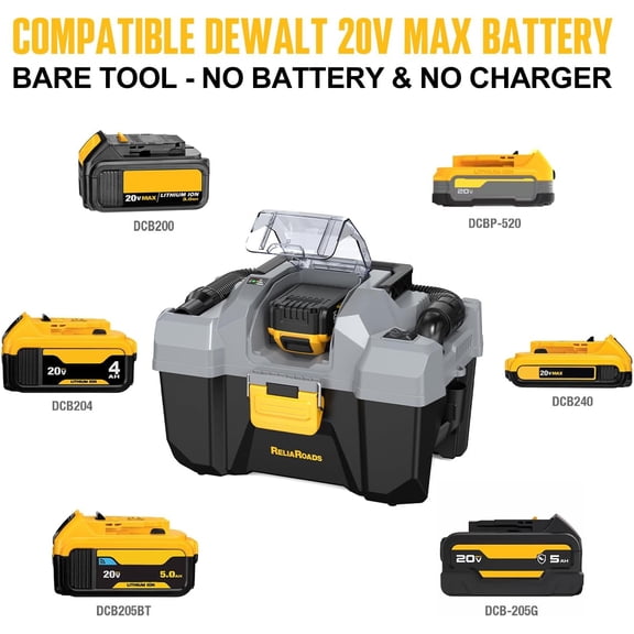 20V Cordless Vacuum Cleaner-Wet/Dry Shop Vac, 2.6 Gallon Capacity, Compatible with DeWALT Batteries (Bare Tool - No Battery & No Charger), Ideal for Cleaning Car, Home Spaces, and Workshops RCSV-20