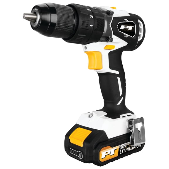Performance Tool W7722 20V Li-Ion 1/2-in Brushless Hammer Drill: 708 in-lb Torque, 2-Speed, Keyless Chuck, 20V, USB-C Quick Charge, Built-In Hook, Storage Case, Black/White