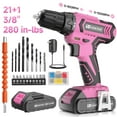 thumbnail image 1 of 20V MAX Cordless Drill Set with Battery & Charger, 280 in-lbs Power Drill Kit, 2-Speed (0-1400 RPM), 21+1 Torque, 3/8" Keyless Chuck, 30pc Drill/Driver Bits, LED Light for Wood/Metal/Concrete(Pink), 1 of 9