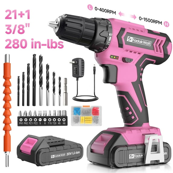 20V MAX Cordless Drill Set with Battery & Charger, 280 in-lbs Power Drill Kit, 2-Speed (0-1400 RPM), 21+1 Torque, 3/8" Keyless Chuck, 30pc Drill/Driver Bits, LED Light for Wood/Metal/Concrete(Pink)