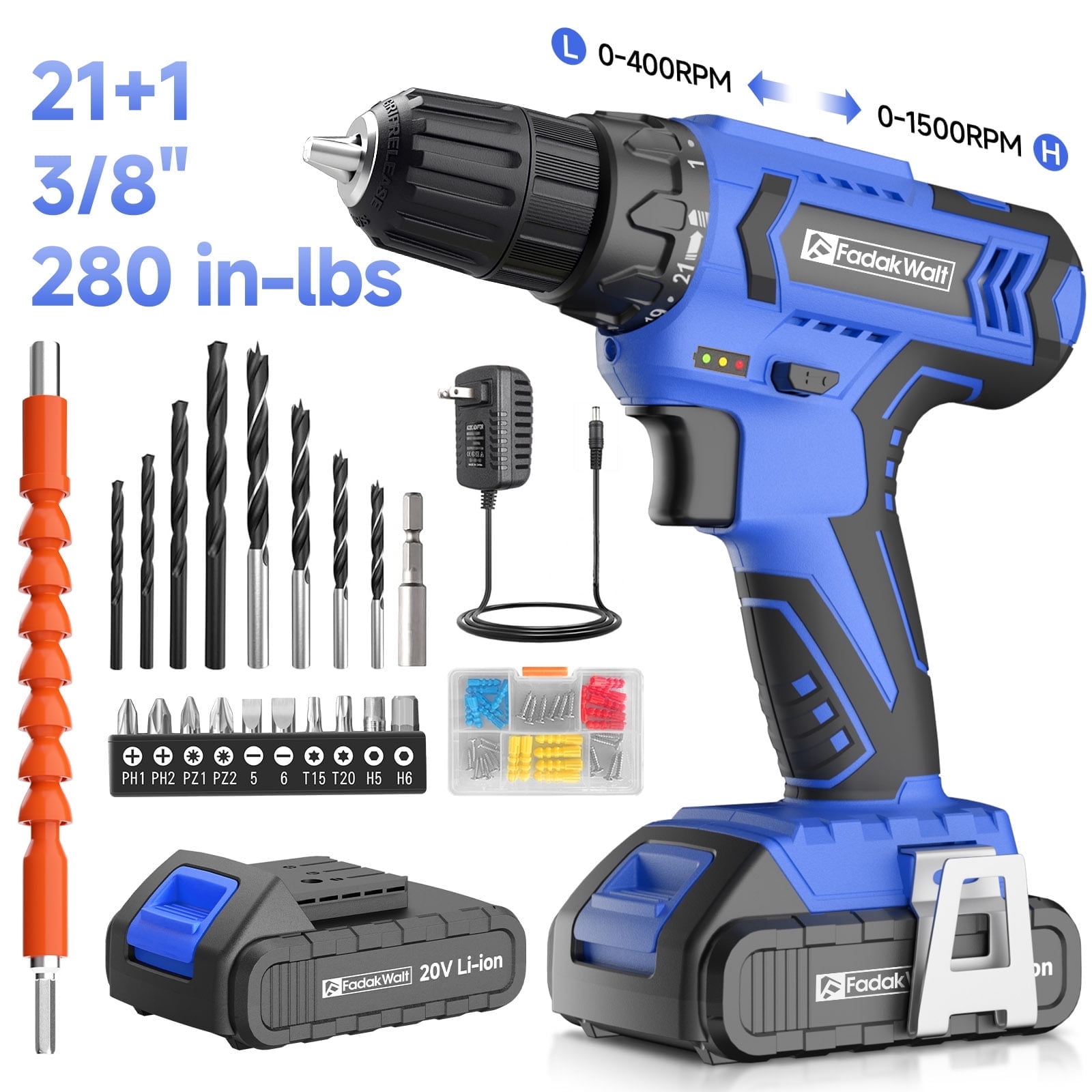 20V MAX Cordless Drill Set with Battery & Charger, 280 in-lbs Power Drill Kit, 2-Speed (0-1400 RPM), 21+1 Torque, 3/8" Keyless Chuck, 30pc Drill/Driver Bits, LED Light for Wood/Metal/Concrete