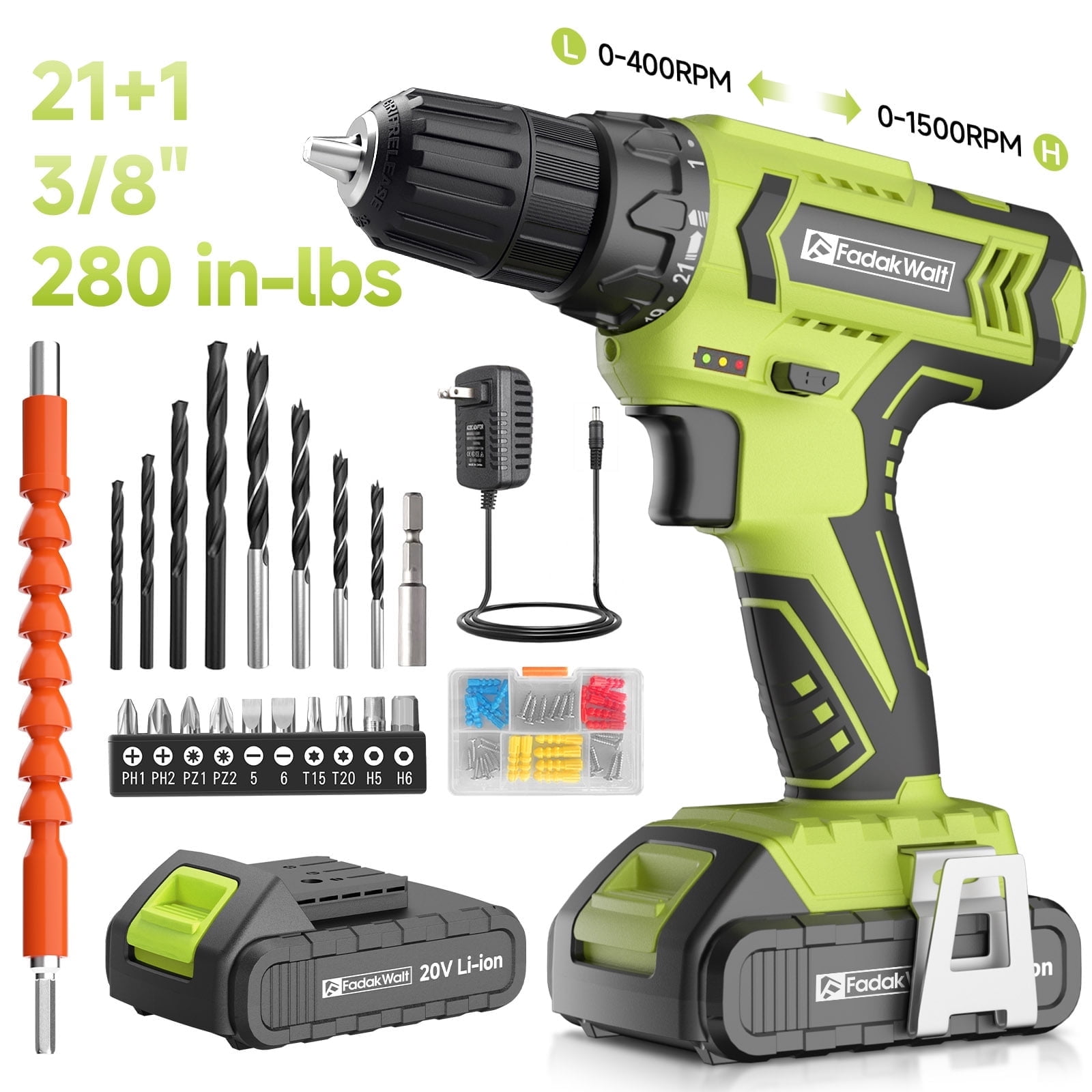 20V MAX Cordless Drill Set with Battery & Charger, 280 in-lbs Power Drill Kit, 2-Speed (0-1400 RPM), 21+1 Torque, 3/8" Keyless Chuck
