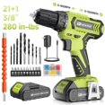 thumbnail image 1 of 20V MAX Cordless Drill Set with Battery & Charger, 280 in-lbs Power Drill Kit, 2-Speed (0-1400 RPM), 21+1 Torque, 3/8" Keyless Chuck, 30pc Drill/Driver Bits, LED Light for Wood/Metal/Concrete(Green), 1 of 9