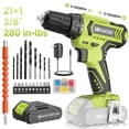 thumbnail image 1 of 20V MAX Cordless Drill Set with Battery & Charger, 280 in-lbs Power Drill Kit, 2-Speed (0-1400 RPM), 21+1 Torque, 3/8" Keyless Chuck, 30pc Drill/Driver Bits, LED Light for Wood/Metal/Concrete(Green), 1 of 9