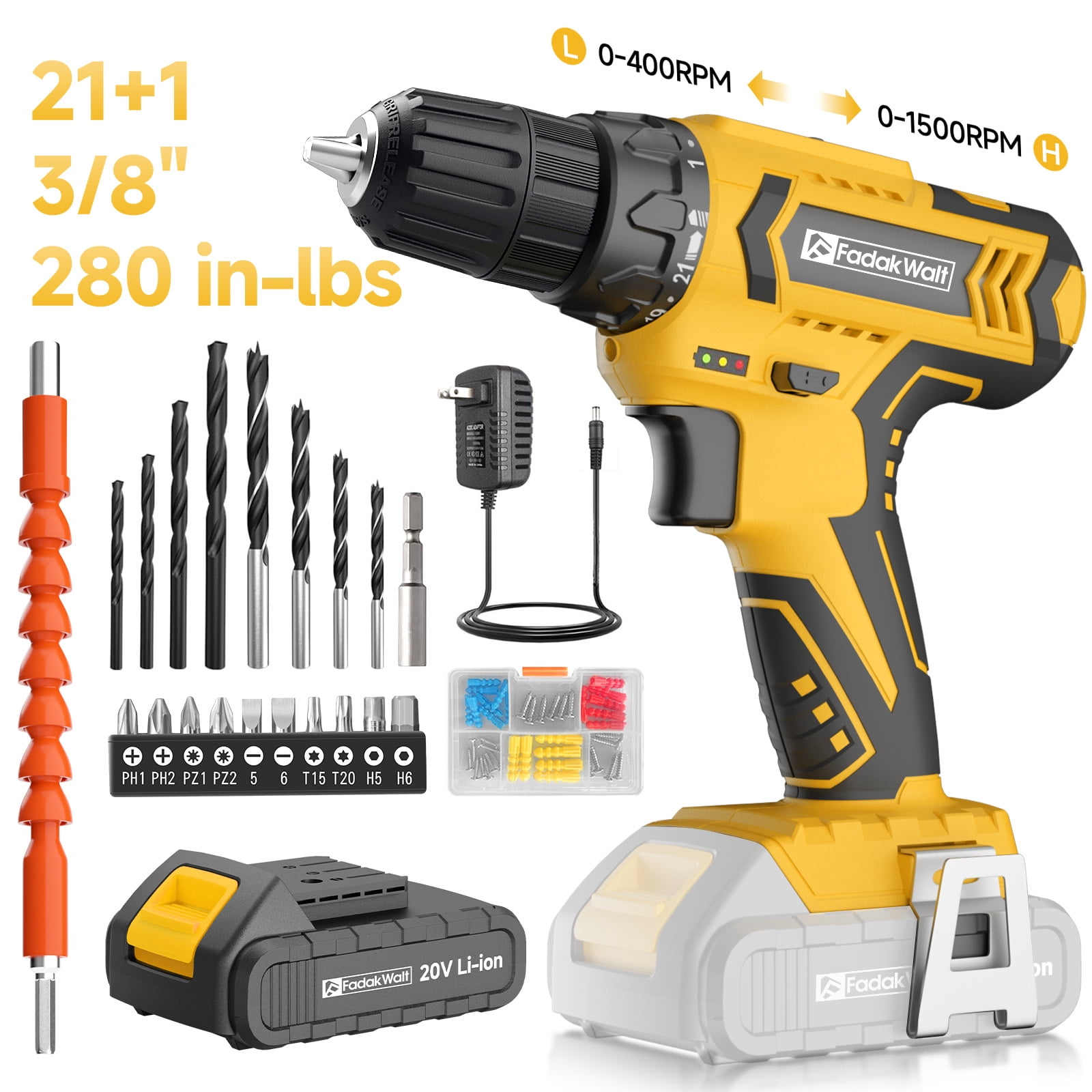 20V MAX Cordless Drill Set with Battery & Charger, 280 in-lbs Power Drill Kit, 2-Speed (0-1400 RPM), 21+1 Torque, 3/8" Keyless Chuck, 30pc Drill/Driver Bits, LED Light for Wood/Metal/Concrete(Yellow)
