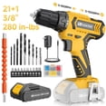 thumbnail image 1 of 20V MAX Cordless Drill Set with Battery & Charger, 280 in-lbs Power Drill Kit, 2-Speed (0-1400 RPM), 21+1 Torque, 3/8" Keyless Chuck, 30pc Drill/Driver Bits, LED Light for Wood/Metal/Concrete(Yellow), 1 of 10