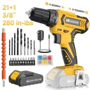 20V MAX Cordless Drill Set with Battery & Charger, 280 in-lbs Power Drill Kit, 2-Speed 0-1400 RPM, 21+1 Torque, 3/8" Keyless Chuck, 30pc Drill/Driver Bits, LED Light for Wood/Metal/ConcreteYellow