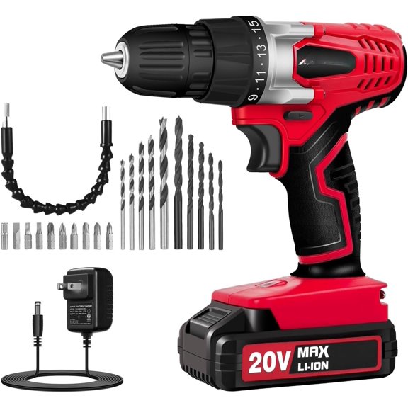 20V MAX Lithium lon Cordless Drill Set, Drill Kit with and Charger, 3/8-Inch Keyless Chuck, Variable Speed, 16 Position and 22 count Drill Bits (Red)