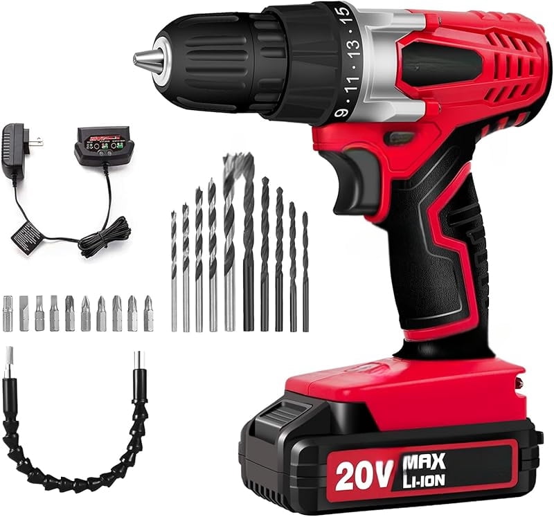 20V MAX Lithium lon Cordless Drill Set, Power Drill Kit with Battery and Charger, 3/8-Inch Keyless Chuck, Variable Speed, 16 Position and 22pcs Drill Bits (Red)
