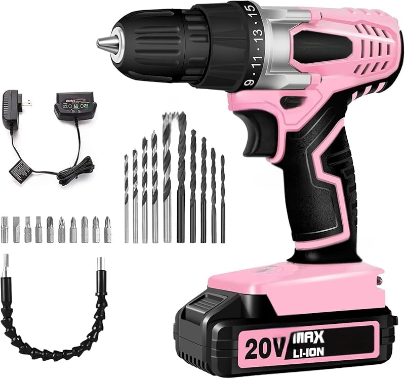 20V MAX Lithium lon Cordless Drill Set, Power Drill Kit with Battery and Charger, 3/8-Inch Keyless Chuck, Variable Speed, 16 Position and 22pcs Drill Bits (pink)