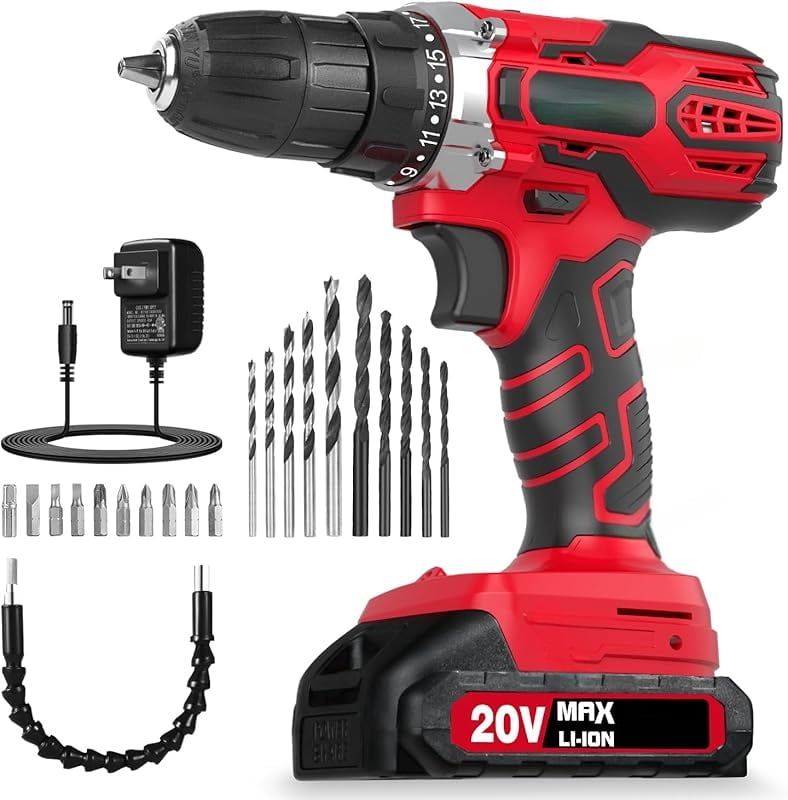 20V MAX Power Drill Kit, Cordless Drill Set with Battery and Charger, 2 Variable Speed, 3/8-Inch Keyless Chuck, 19 Position and 22pcs Bits