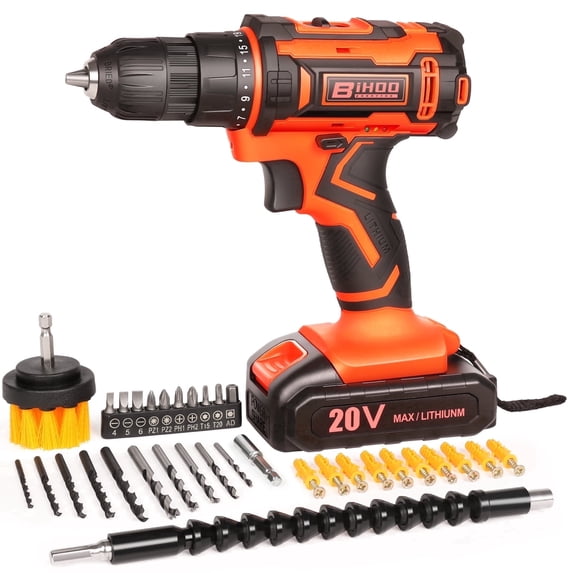 20V Orange Power Drill,Electric Drill Cordless with Battery and Charger,3/8-Inch Keyless Chuck, Variable Speed,with Drills Bits Set