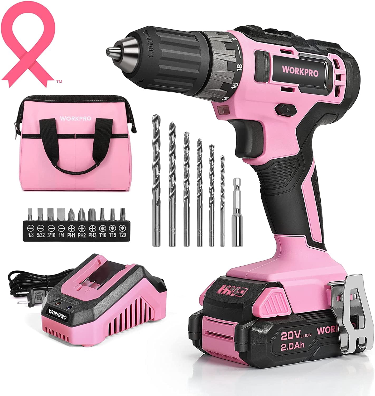 WORKPRO 20V Pink Cordless Drill Driver Set, 3/8‚Äù Keyless Chuck, 2.0 Ah Li-Ion Battery, 1 Hour Fast Charger and 11-inch Storage Bag Included