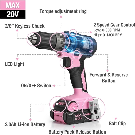 20V Pink Cordless Drill Driver Set