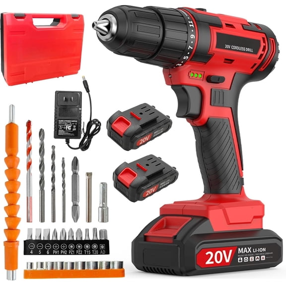 20V Power Drill Cordless, Cordless Drill with and Charger with Torque 30N, Function, 3/8-Inch Keyless Chuck for Screwdriving and Drilling (Batteryx2)