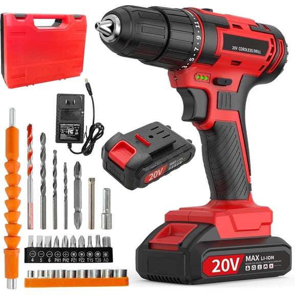 20V Power Drill Cordless, Cordless Drill with and with Torque 30N, Impact Function, 3/8-Inch Keyless Chuck for Screwdriving and Drilling (Batteryx1)