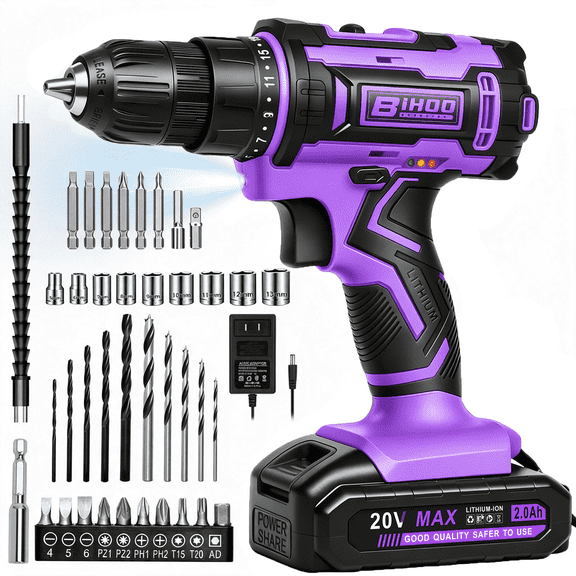 BIHOO 20V Cordless Drill Driver Kit, Purple Power Drill with 2.0Ah Battery and Charger, 3/8-Inch Keyless Chuck, 2Variable Speed for Home DIY Projects