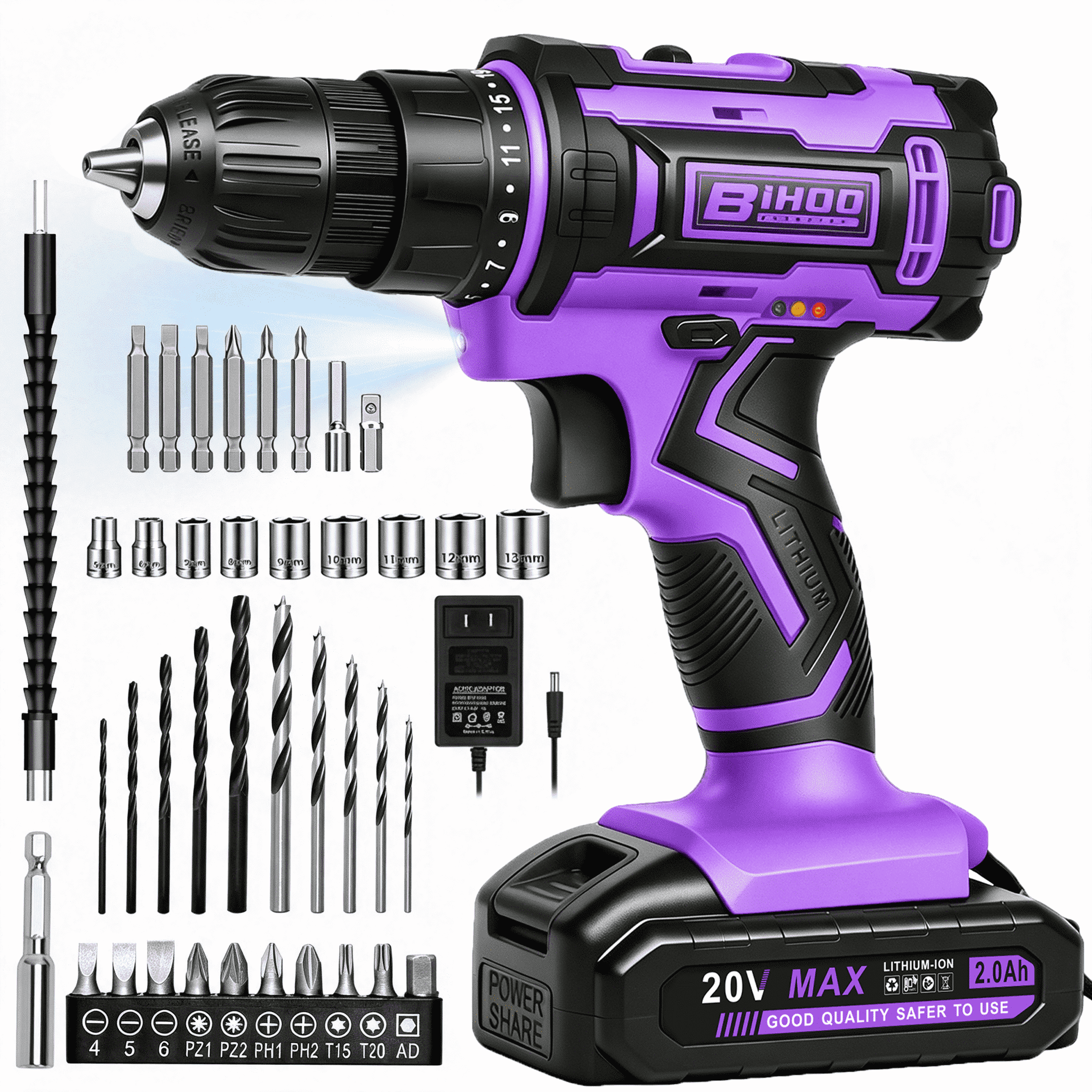 20V Purple Cordless Drill Set,Drill Driver with Battery and Charger,3/8-Inch Keyless Chuck, Variable Speed,with Drills Bits Set
