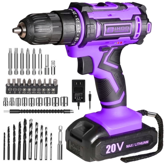 20V Purple Power Drill,Electric Drill Cordless with Battery and Charger,3/8-Inch Keyless Chuck, Variable Speed,with Drills Bits Set