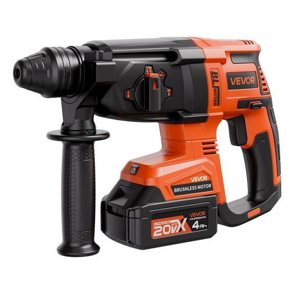 20V SDS-Plus Brushless Cordless Rotary Hammer Drill Kit with 4 Functions, 1-Inch Max Drilling, 1200RPM High-Speed System, Adjustable Handle, Includes Battery, Charger, Drill Bits and Chisels