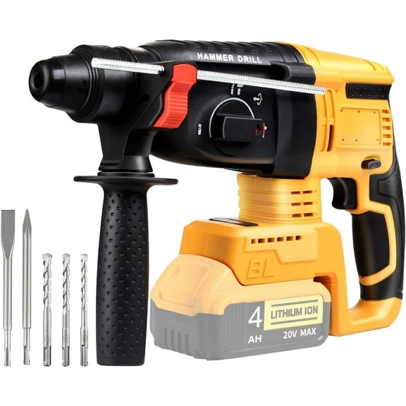 20V SDS-Plus Cordless Rotary Hammer Drill Compatible with Dewalt Battery(NO Battery), Brushless Motor,Safety Clutch,1200RPM,4 Functions with 5 Drills and Carrying Case for Concrete/Masonry/Wood/Metal