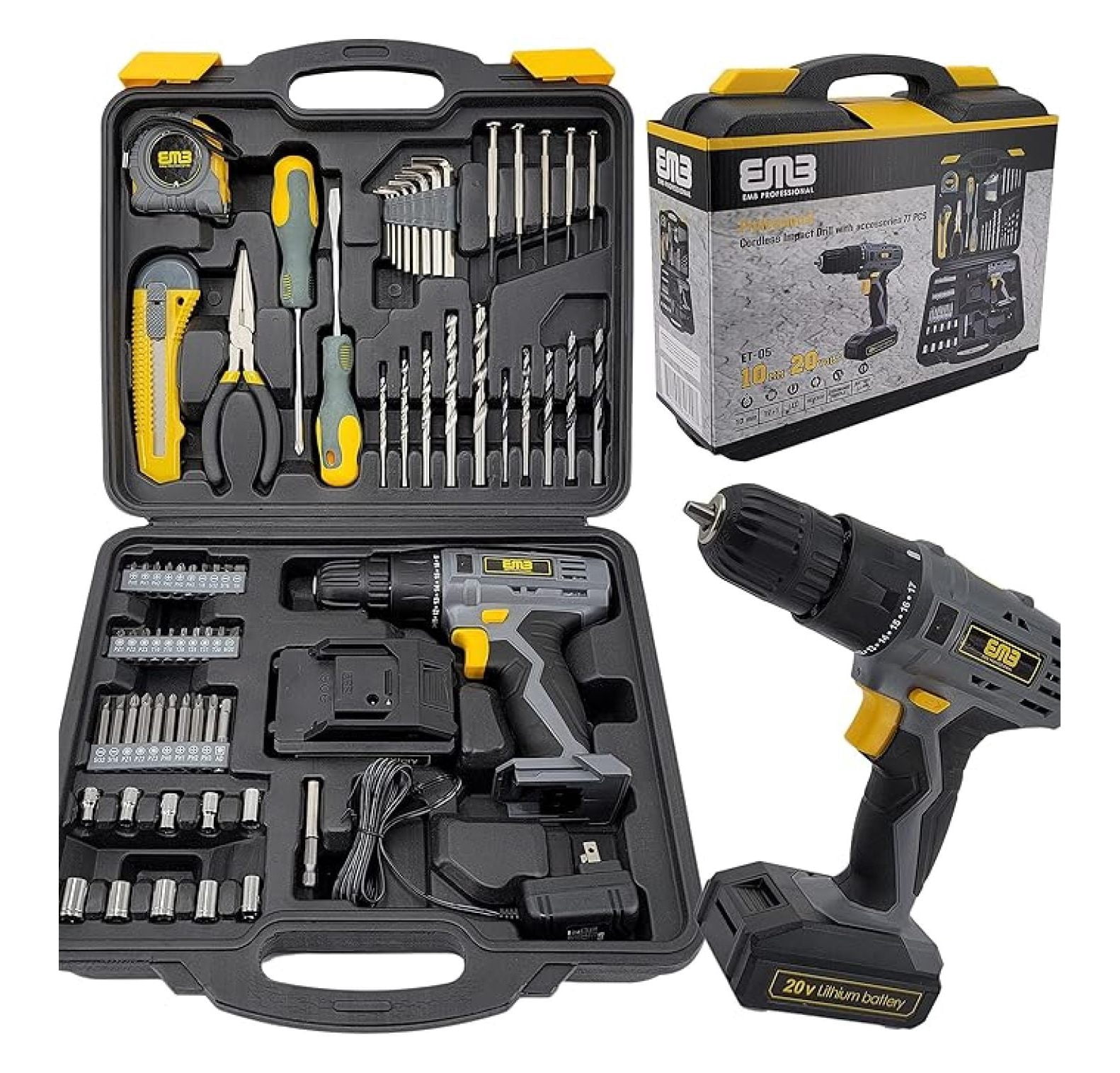 20V Speed 1300 RPM Household Lithium Battery Cordless Drill Driver Power Drill with 77 Pieces and a 1300mA Large Capacity Lithium Ion Battery Stays Powered Up
