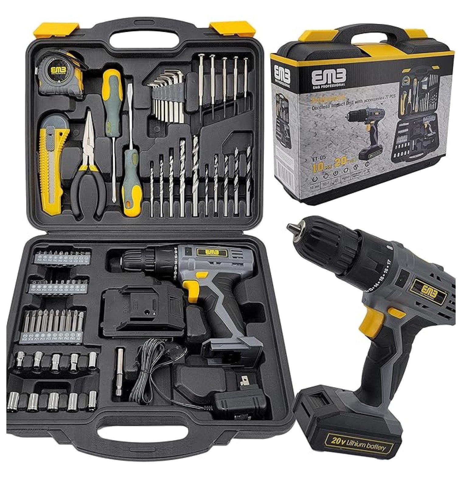 20V Speed 1300 RPM Household Lithium Battery Cordless Drill Driver Power Drill with 77 Pieces and a 1300mA Large Capacity Lithium Ion Battery Stays Powered Up