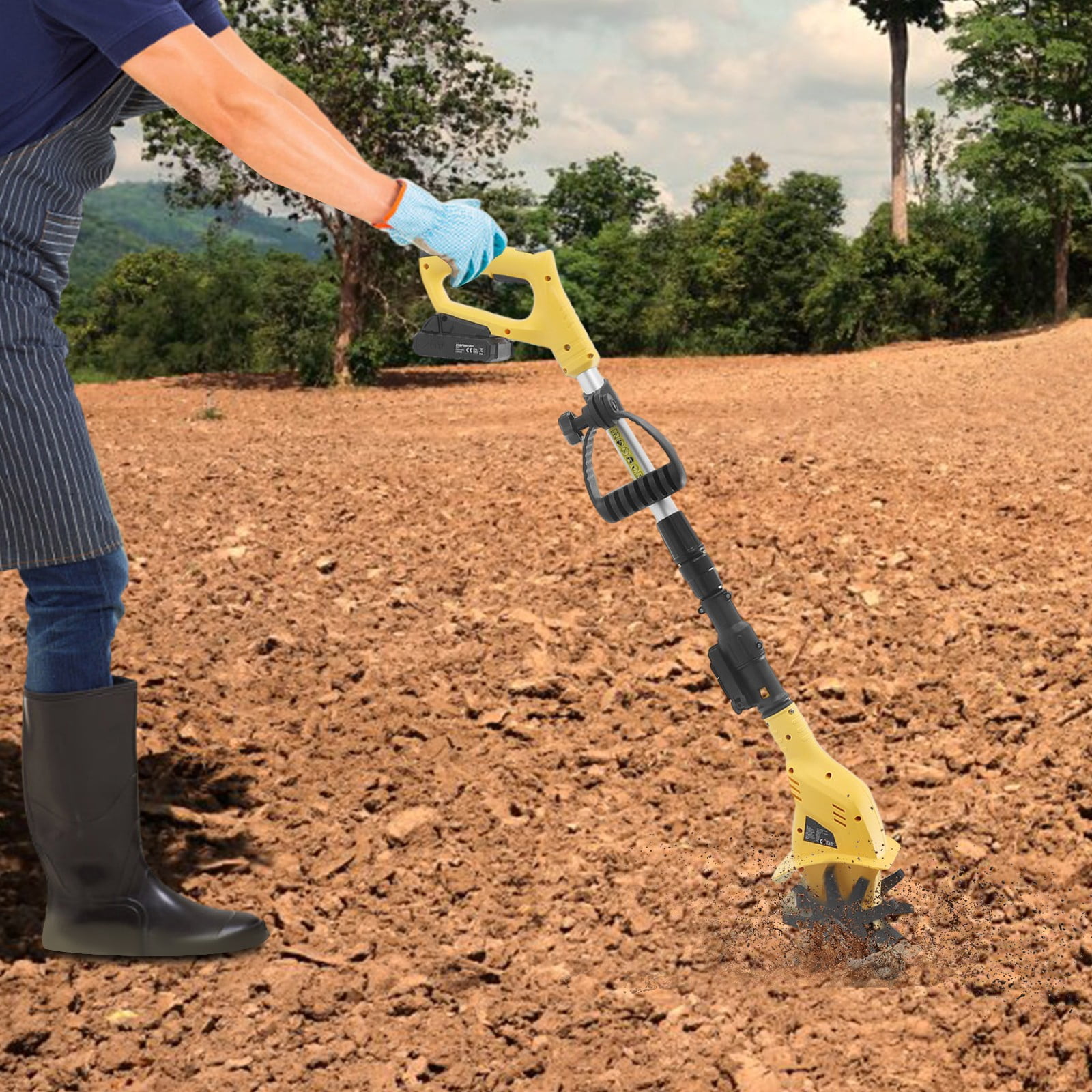 20V Yellow Hand-held Cultivator Tiller Garden Yard Battery Powered Cordless Cultivator for Farms