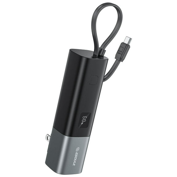 20W 5000mAh Power Bank Battery with Integrated USB-C Charging Cable and AC Wall Plug - Black