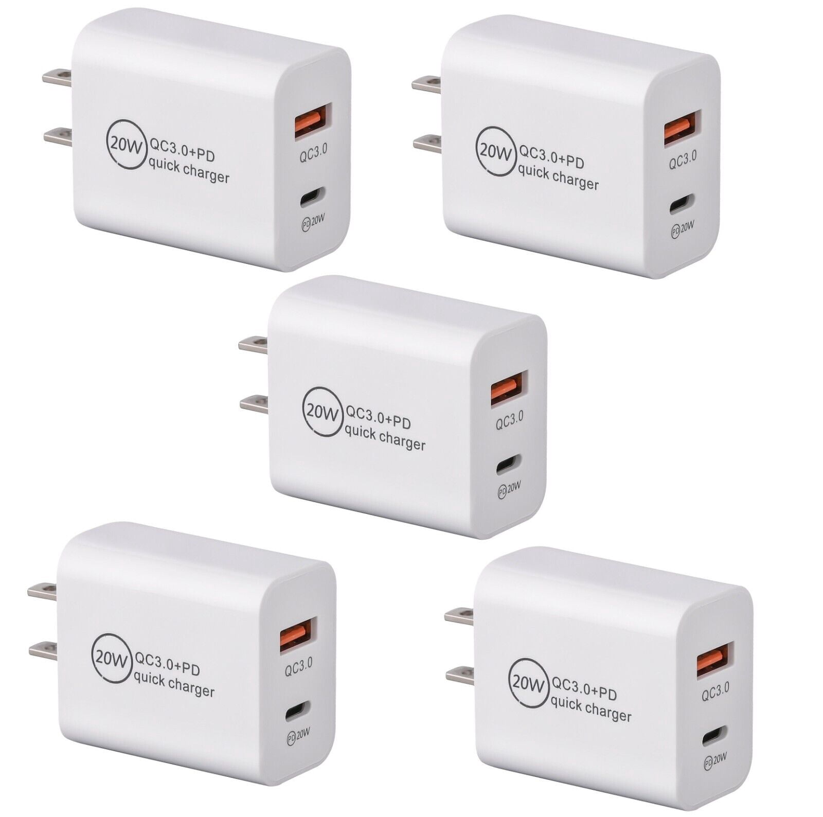 20W Dual Ports Wall Charger USB-C + USB-A, EpicGadget Fast Charger 20W Type-C Power Adapter Fast Wall Charger Adapter Plug for iPhone, iPad, Samsung, Google Pixel and More (5-Pack)