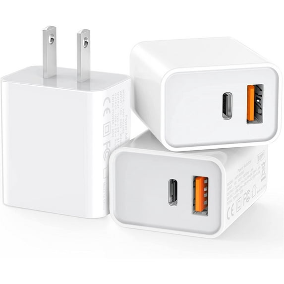 20W Dual Ports Wall Charger USB-C + USB-A, EpicGadget Fast Charger 20W Type-C Power Adapter Fast Wall Charger Adapter Plug for iPhone, iPad, Samsung, Google Pixel and More (3-Pack)