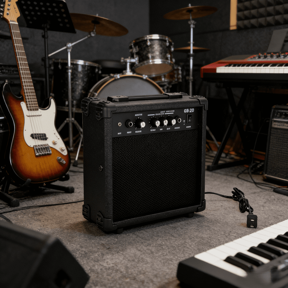 20W Electric Bass Amplifier 6.5in Speaker 6.6lbs Volume Treble Bass Middle Controls Headphone Jack MP3 Input Portable Guitar Practice Home Studio Beginner Use Black 8ohm Wood Panel Box