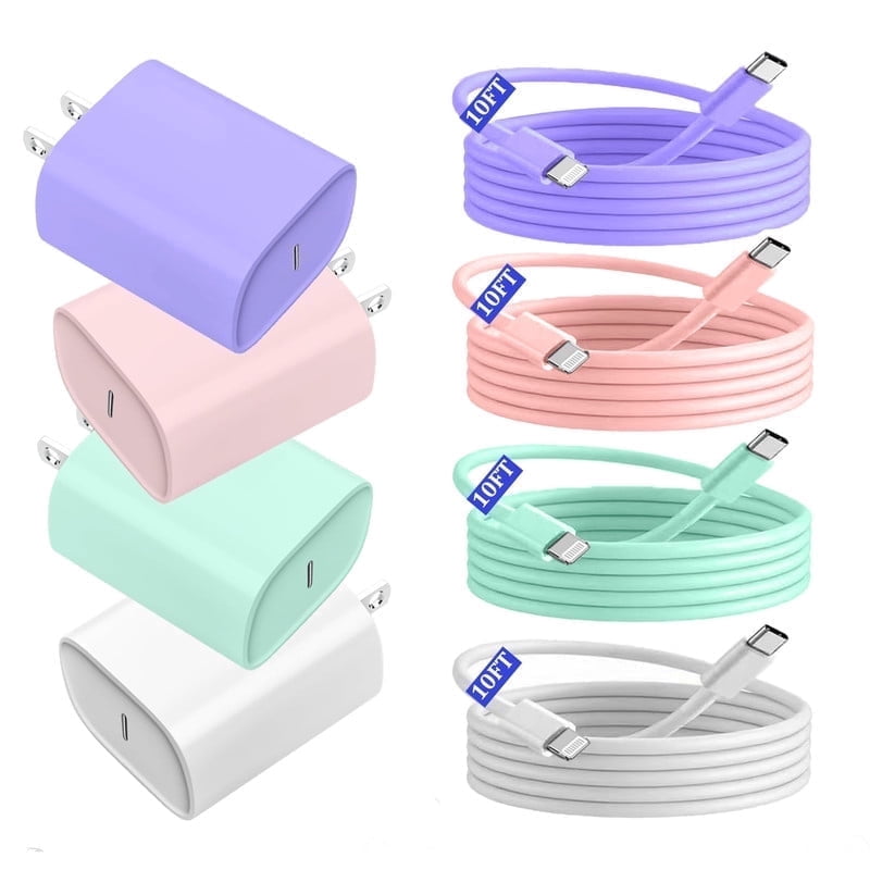 20W Fast Charger Block + 10FT Long Cable, 4 Colors Available, Compatible with Old i Phone Models (Wall Charger Set)