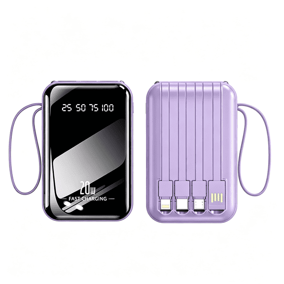 20W Fast Charging Power Bank with 4 Integrated Cables, LED Display Portable Battery Pack for Travel Daily Use,Purple