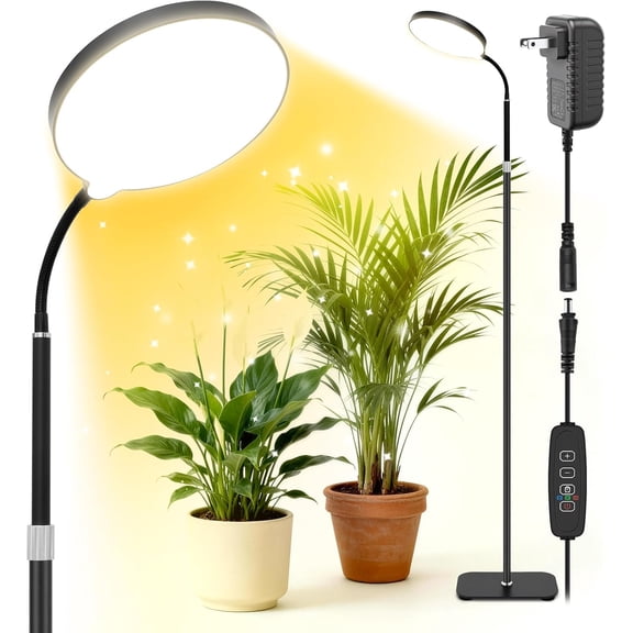 20W Full Spectrum Grow Light for Indoor Plants, 63in Adjustable Floor Lamp with Gooseneck, 4000K Natural Sunlike Light, 3/9/12H Auto On/Off Timer, 10-Level Dimmable for Tall Small Plants
