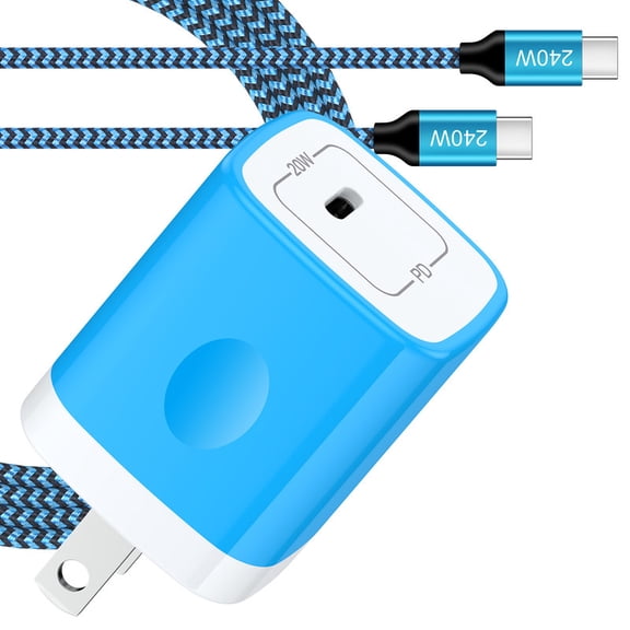 20W PD Charger Block Fast Wall Charger with 6FT 240W Cable, Power Adapter Compatible with iPhone 17/16/15 Pro Max iPad Pro Galaxy S26 Android, Blue