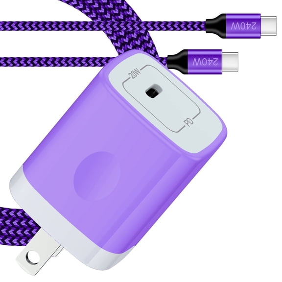 20W PD Charger Block Fast Wall Charger with 6FT 240W Cable, Power Adapter Compatible with iPhone 17/16/15 Pro Max iPad Pro Galaxy S26 Android, Purple